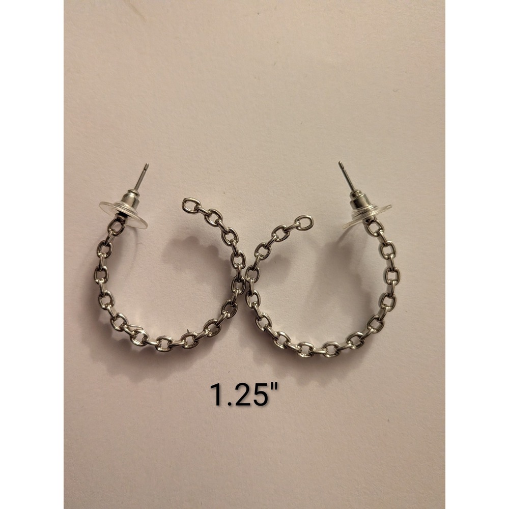 Silver Tone Chain Link Hoop Earrings Industrial Minimalist Post Back 1.25 Inch